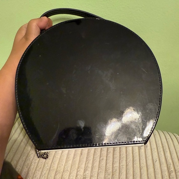 Black Round Handbag with pink silk polka dots lining - Picture 9 of 9